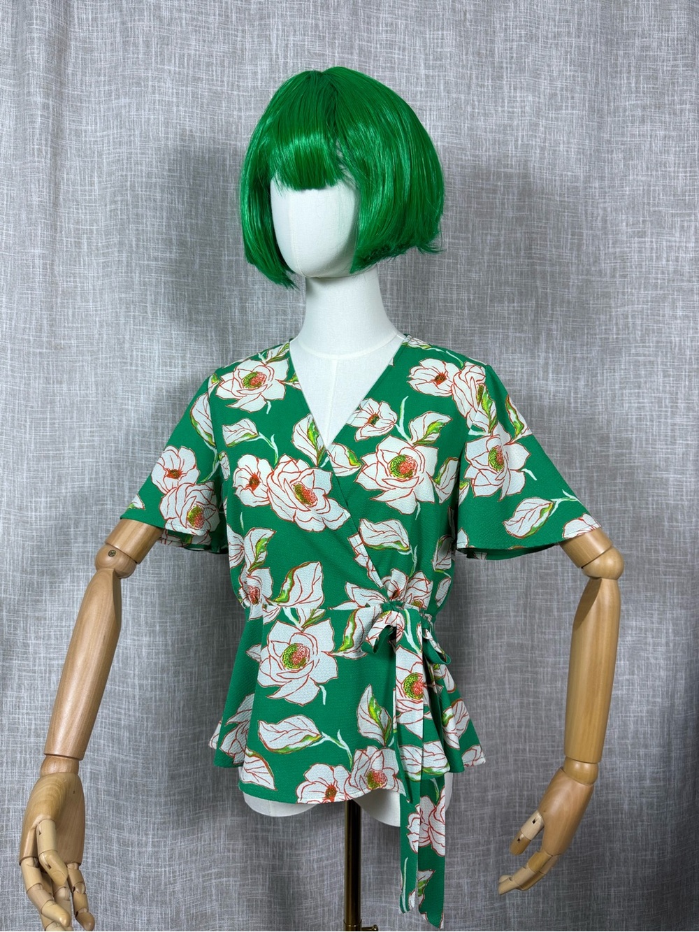 Monteau Green Floral Wrap Blouse with Tie